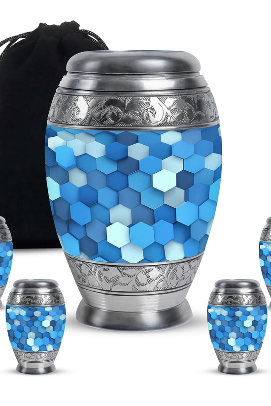 Cobalt Blue Blue Cremation Urn detail view - majestic blue pattern with filigree border - memorial set with one large and four small urns