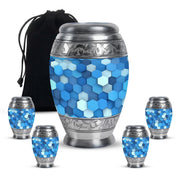 Cobalt Blue Blue Cremation Urn detail view - majestic blue pattern with filigree border - memorial set with one large and four small urns