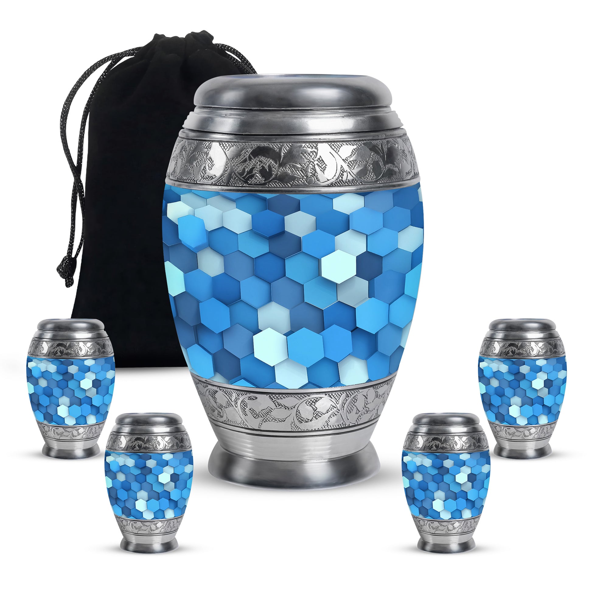 Cobalt Blue Blue Cremation Urn detail view - majestic blue pattern with filigree border - memorial set with one large and four small urns