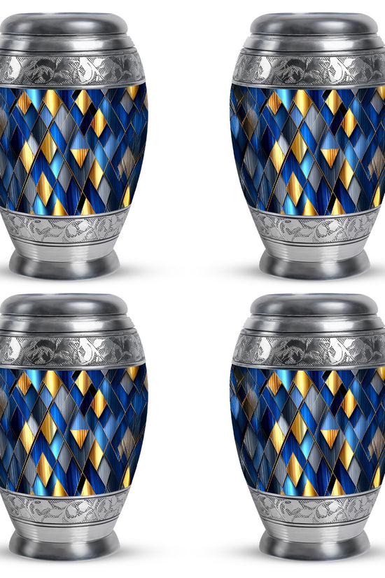 Pastel Blue Blue Cremation Urn urn with complimentary velvet bag - ornate monarch-style blue relief on brushed aluminum - 10 inch aluminum urn for cremated remains