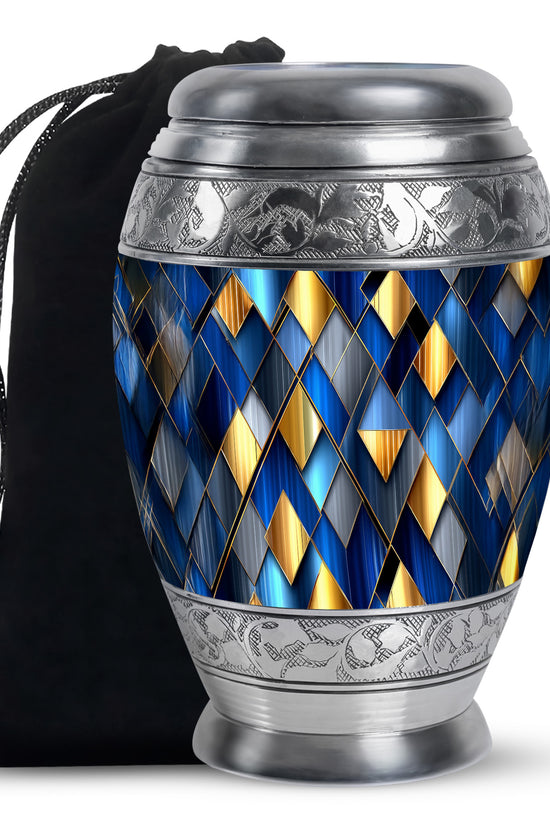 Icy Blue Blue Cremation Urn back view with polished surface - ornate monarch-style blue relief on brushed aluminum - full-size 10 inch 200 cubic inch adult cremation urn