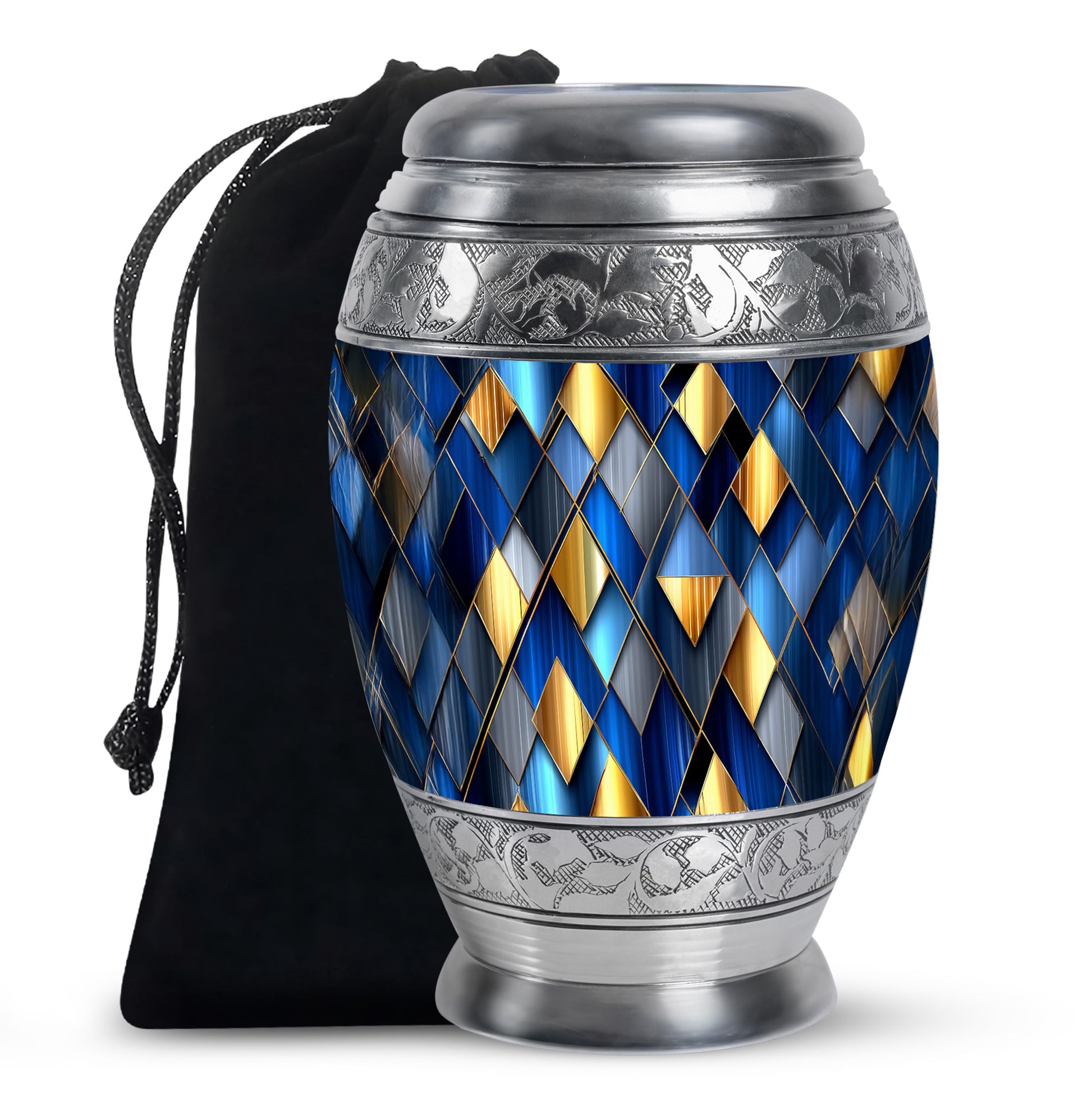 Icy Blue Blue Cremation Urn back view with polished surface - ornate monarch-style blue relief on brushed aluminum - full-size 10 inch 200 cubic inch adult cremation urn