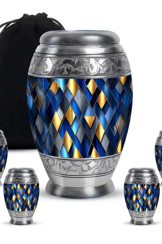 Vivid Blue Blue Cremation Urn detail view - royal blue engraving with decorative scrollwork - memorial set with one large and four small urns