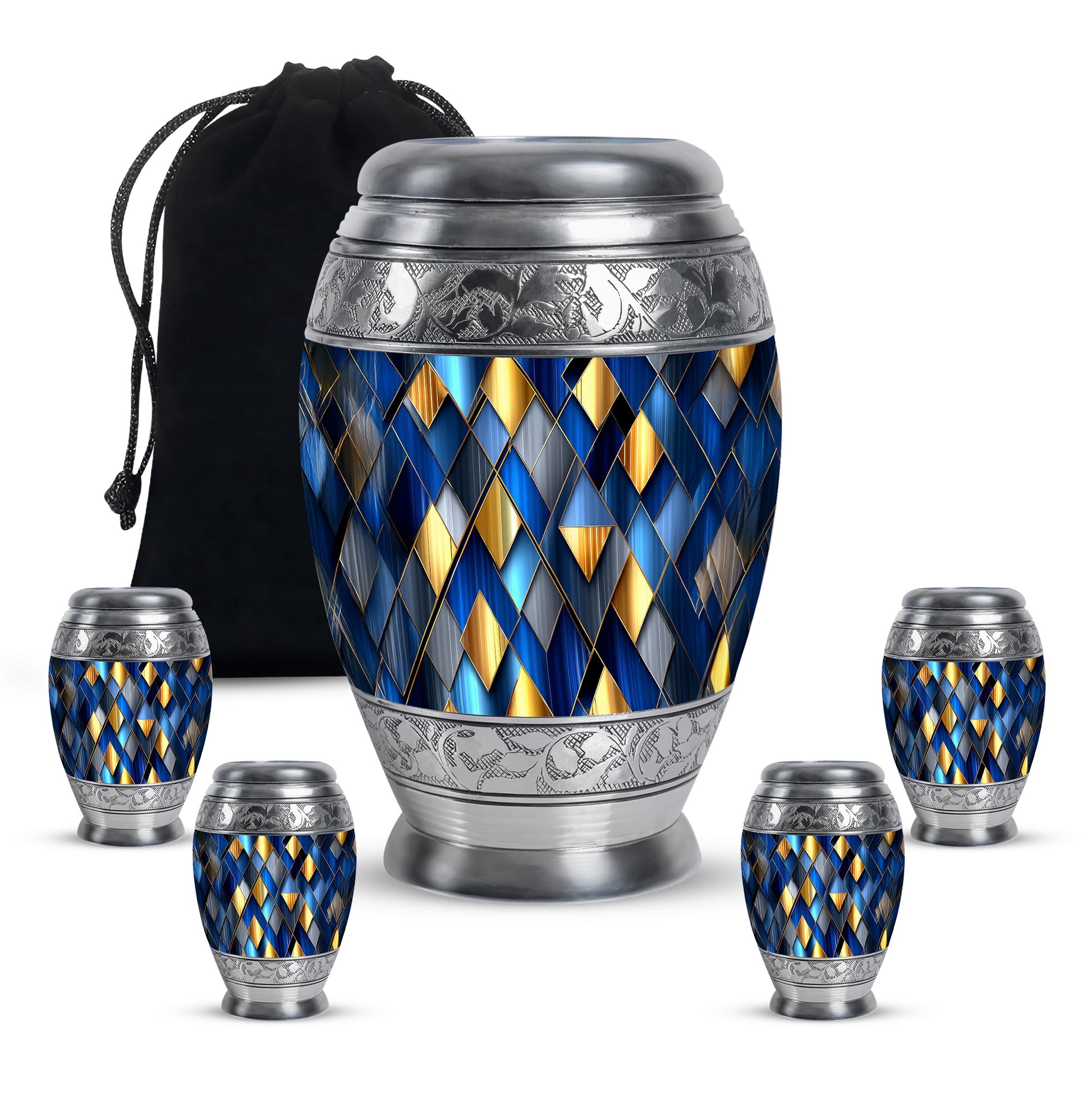 Vivid Blue Blue Cremation Urn detail view - royal blue engraving with decorative scrollwork - memorial set with one large and four small urns