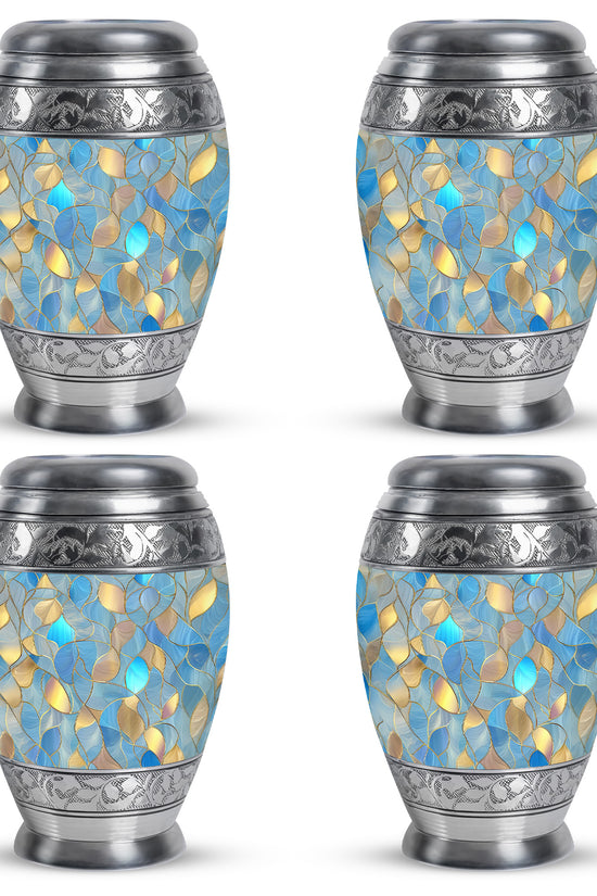 Powder Blue Blue Cremation Urn urn with complimentary velvet bag - ornate monarch-style blue relief on brushed aluminum - 10 inch aluminum urn for cremated remains