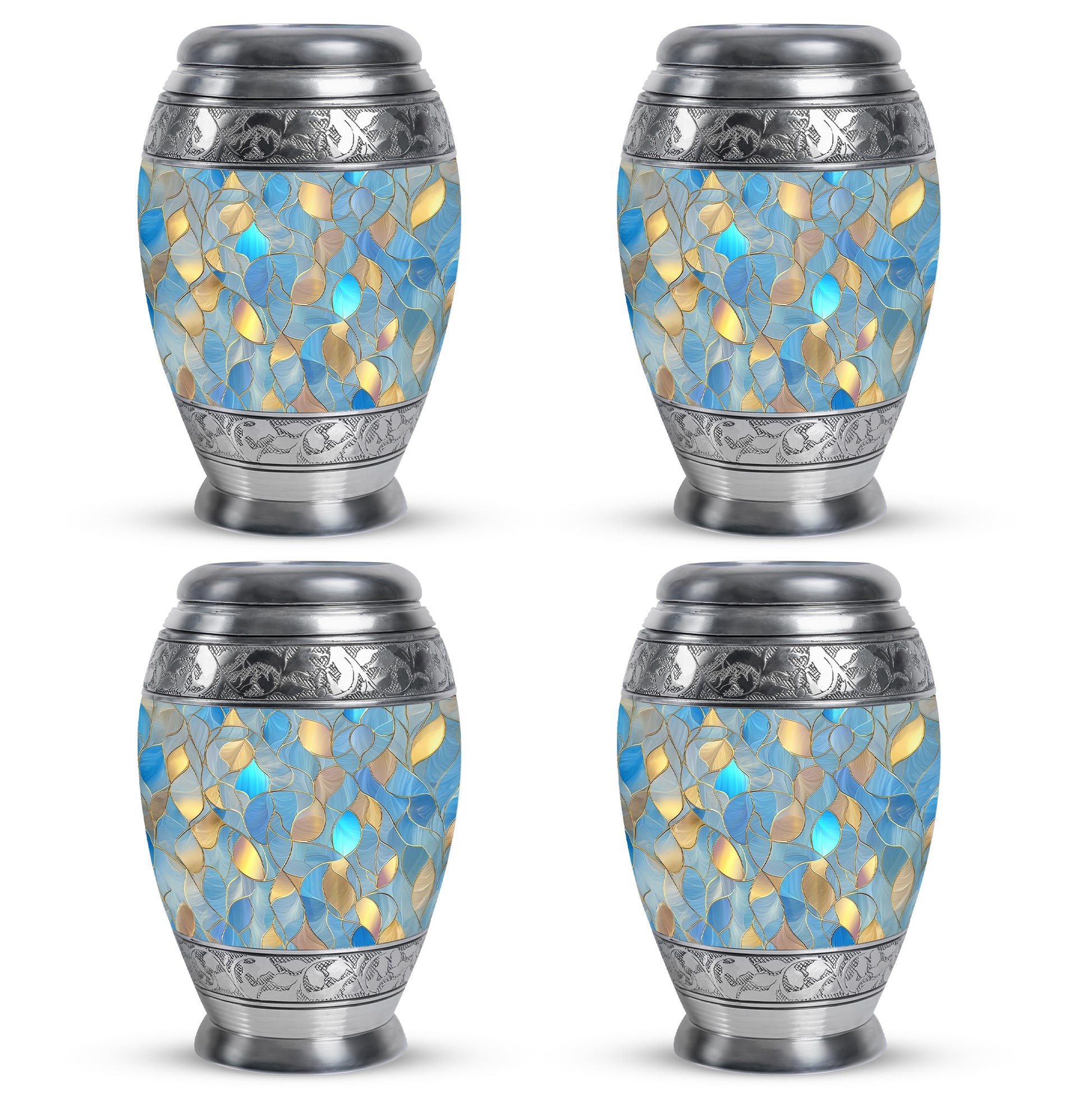 Powder Blue Blue Cremation Urn urn with complimentary velvet bag - ornate monarch-style blue relief on brushed aluminum - 10 inch aluminum urn for cremated remains