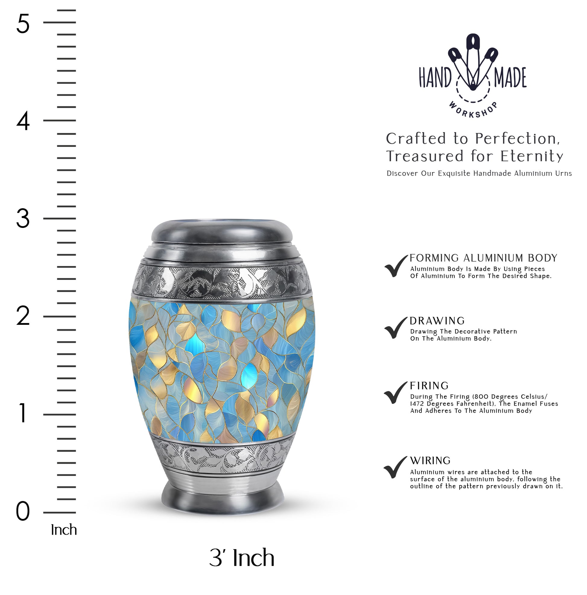 Sky Blue Blue Cremation Urn lifestyle display on memorial shelf - ornate monarch-style blue relief on brushed aluminum - mini keepsake memorial for portion of cremation ashes