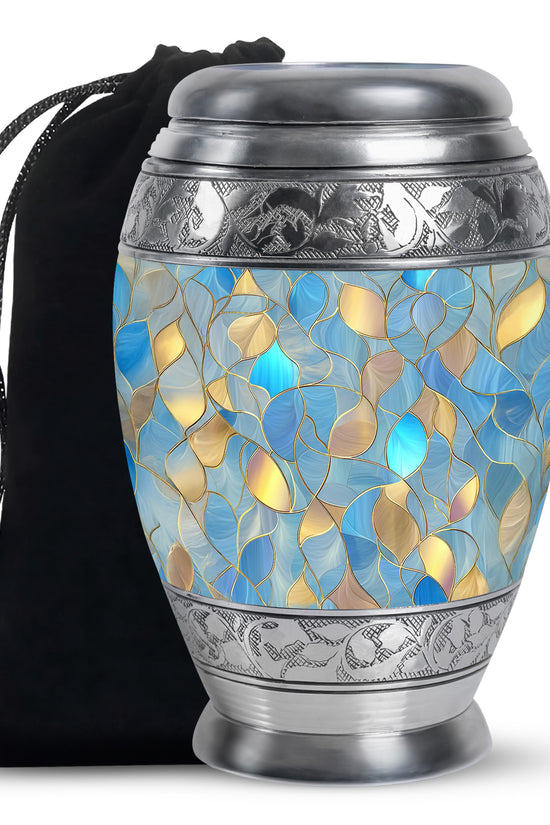 Cobalt Blue Blue Cremation Urn back view with polished surface - royal blue engraving with decorative scrollwork - full-size 10 inch 200 cubic inch adult cremation urn