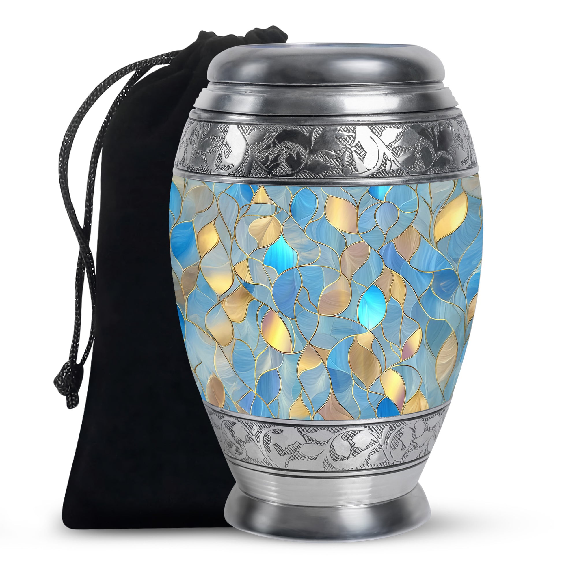 Cobalt Blue Blue Cremation Urn back view with polished surface - royal blue engraving with decorative scrollwork - full-size 10 inch 200 cubic inch adult cremation urn