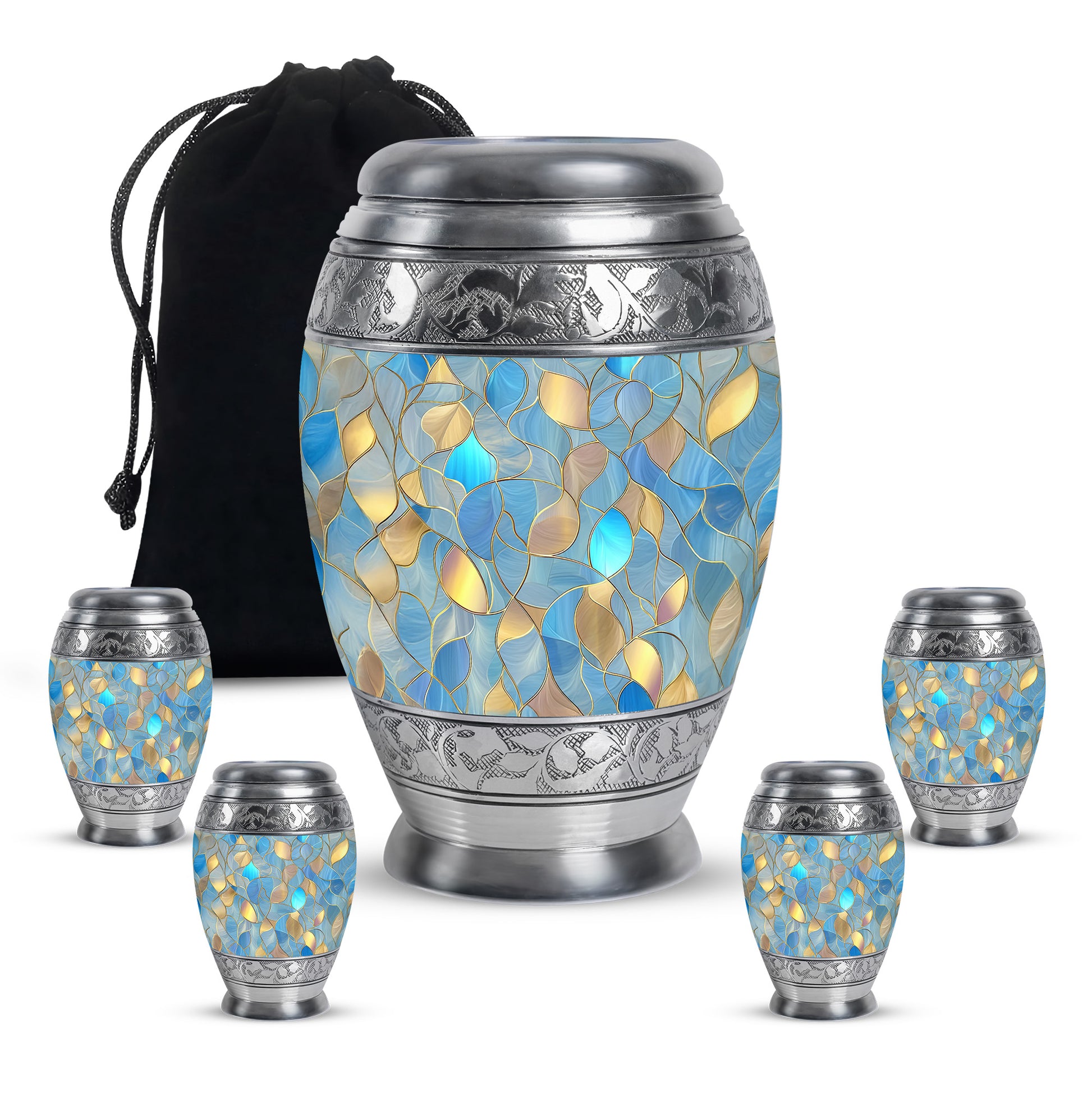 Soft Blue Blue Cremation Urn detail view - majestic blue pattern with filigree border - memorial set with one large and four small urns