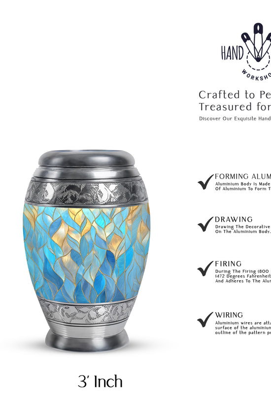 Indigo Blue Cremation Urn lifestyle display on memorial shelf - ornate monarch-style blue relief on brushed aluminum - mini keepsake memorial for portion of cremation ashes