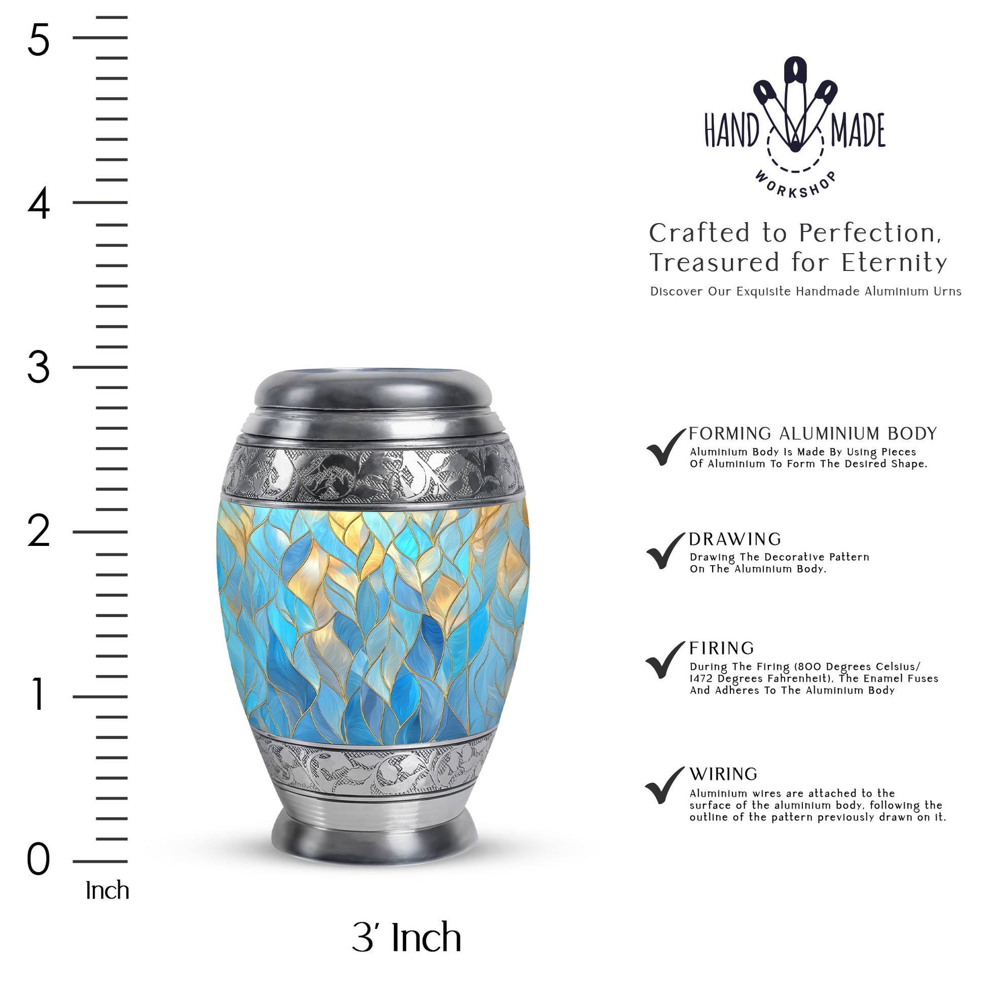 Indigo Blue Cremation Urn lifestyle display on memorial shelf - ornate monarch-style blue relief on brushed aluminum - mini keepsake memorial for portion of cremation ashes