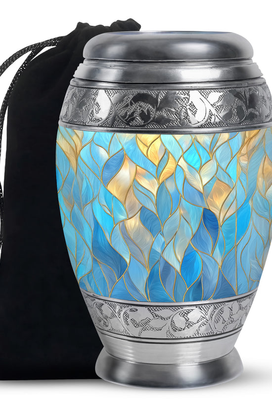 Cobalt Blue Blue Cremation Urn back view with polished surface - royal blue engraving with decorative scrollwork - full-size 10 inch 200 cubic inch adult cremation urn