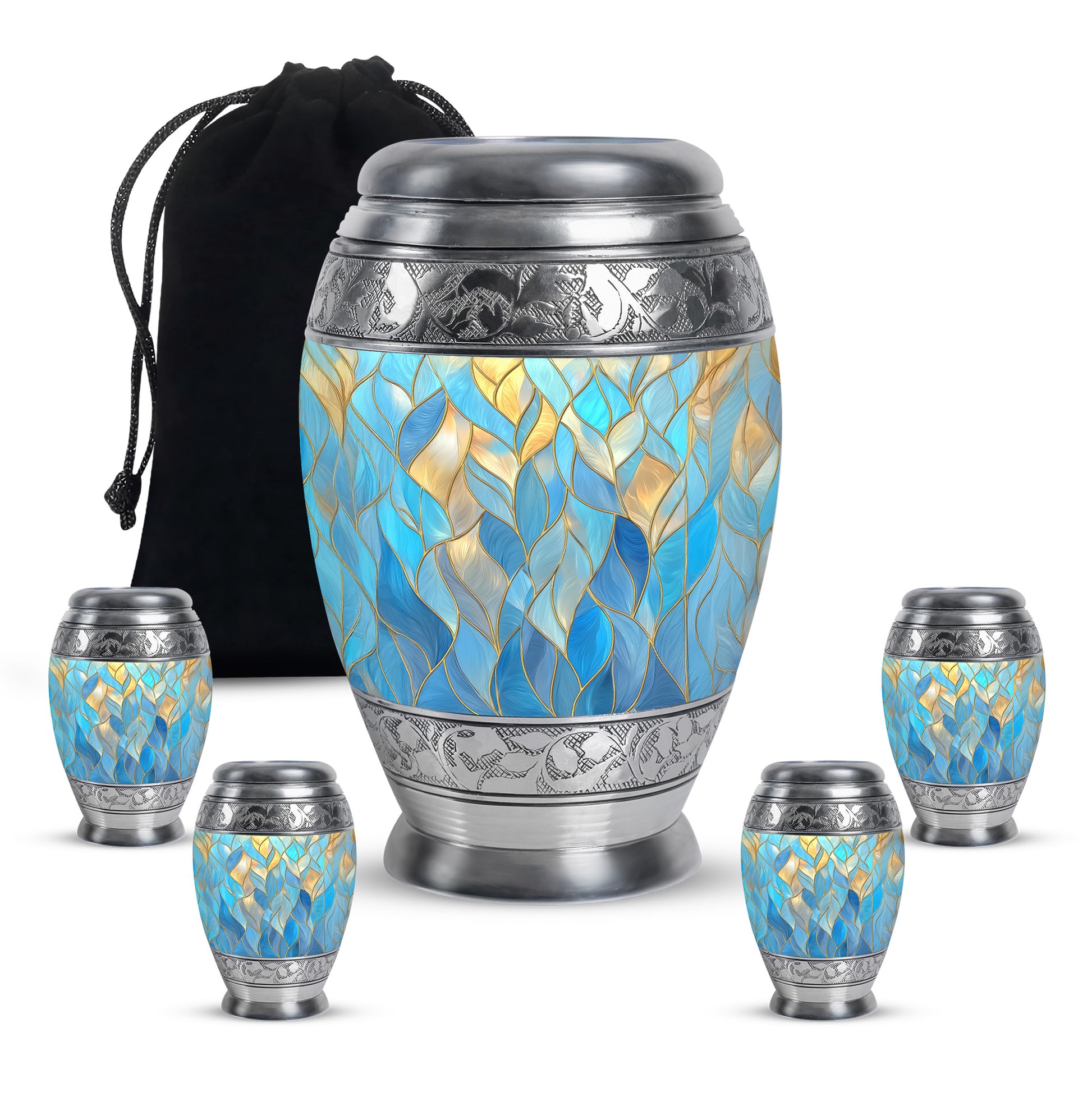 Azure Blue Cremation Urn detail view - ornate monarch-style blue relief on brushed aluminum - memorial set with one large and four small urns