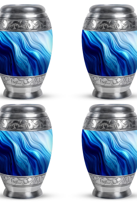 Steel Blue Blue Cremation Urn urn with complimentary velvet bag - majestic blue pattern with filigree border - 10 inch aluminum urn for cremated remains