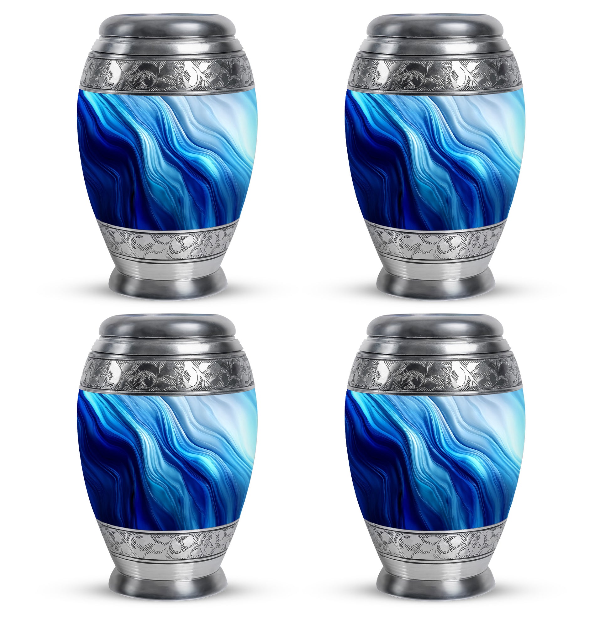 Steel Blue Blue Cremation Urn urn with complimentary velvet bag - majestic blue pattern with filigree border - 10 inch aluminum urn for cremated remains