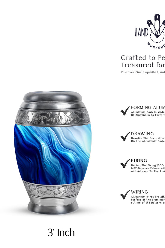 Bright Blue Blue Cremation Urn lifestyle display on memorial shelf - royal blue engraving with decorative scrollwork - mini keepsake memorial for portion of cremation ashes