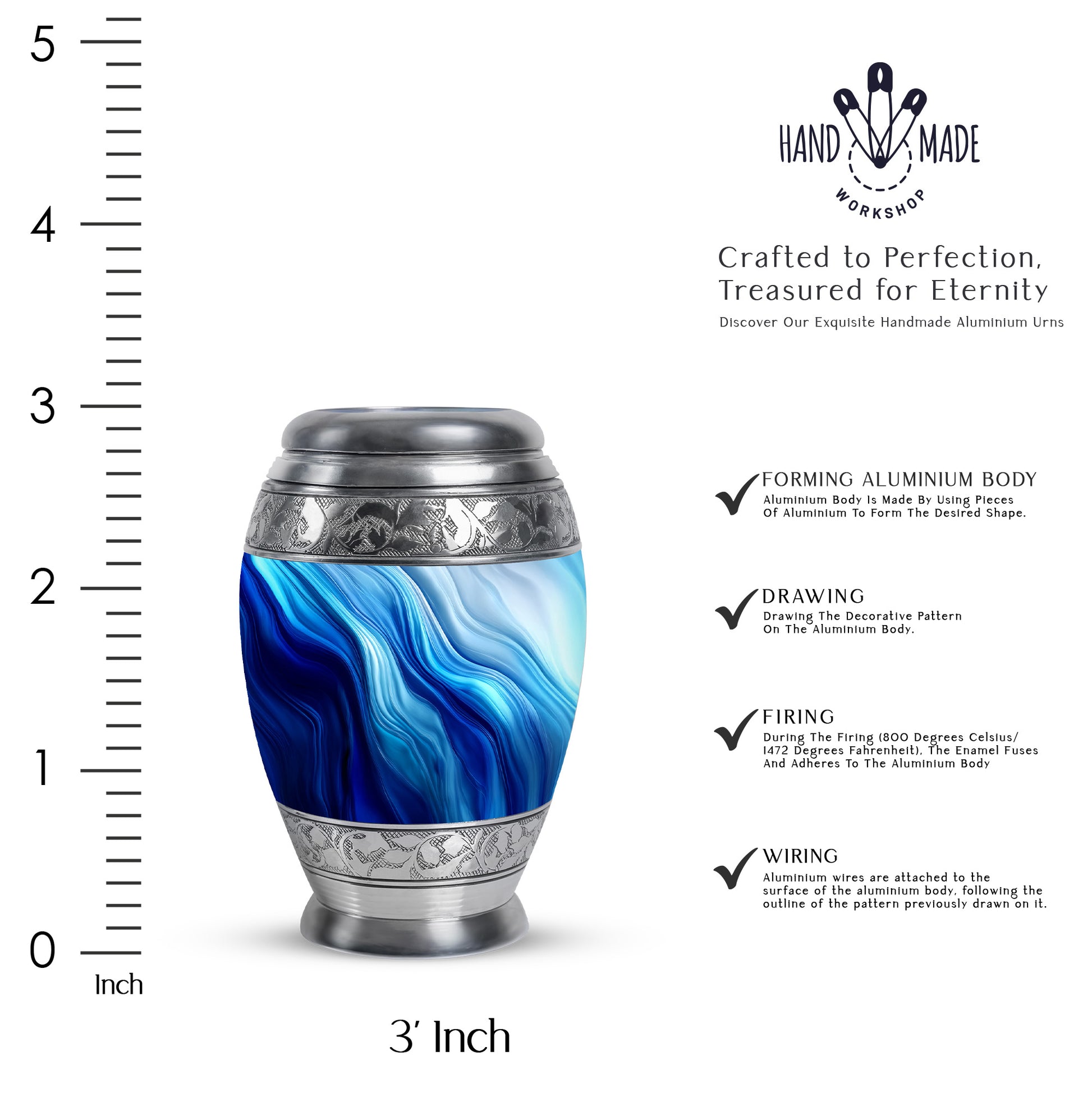 Bright Blue Blue Cremation Urn lifestyle display on memorial shelf - royal blue engraving with decorative scrollwork - mini keepsake memorial for portion of cremation ashes
