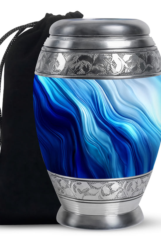 Steel Blue Blue Cremation Urn back view with polished surface - royal blue engraving with decorative scrollwork - full-size 10 inch 200 cubic inch adult cremation urn