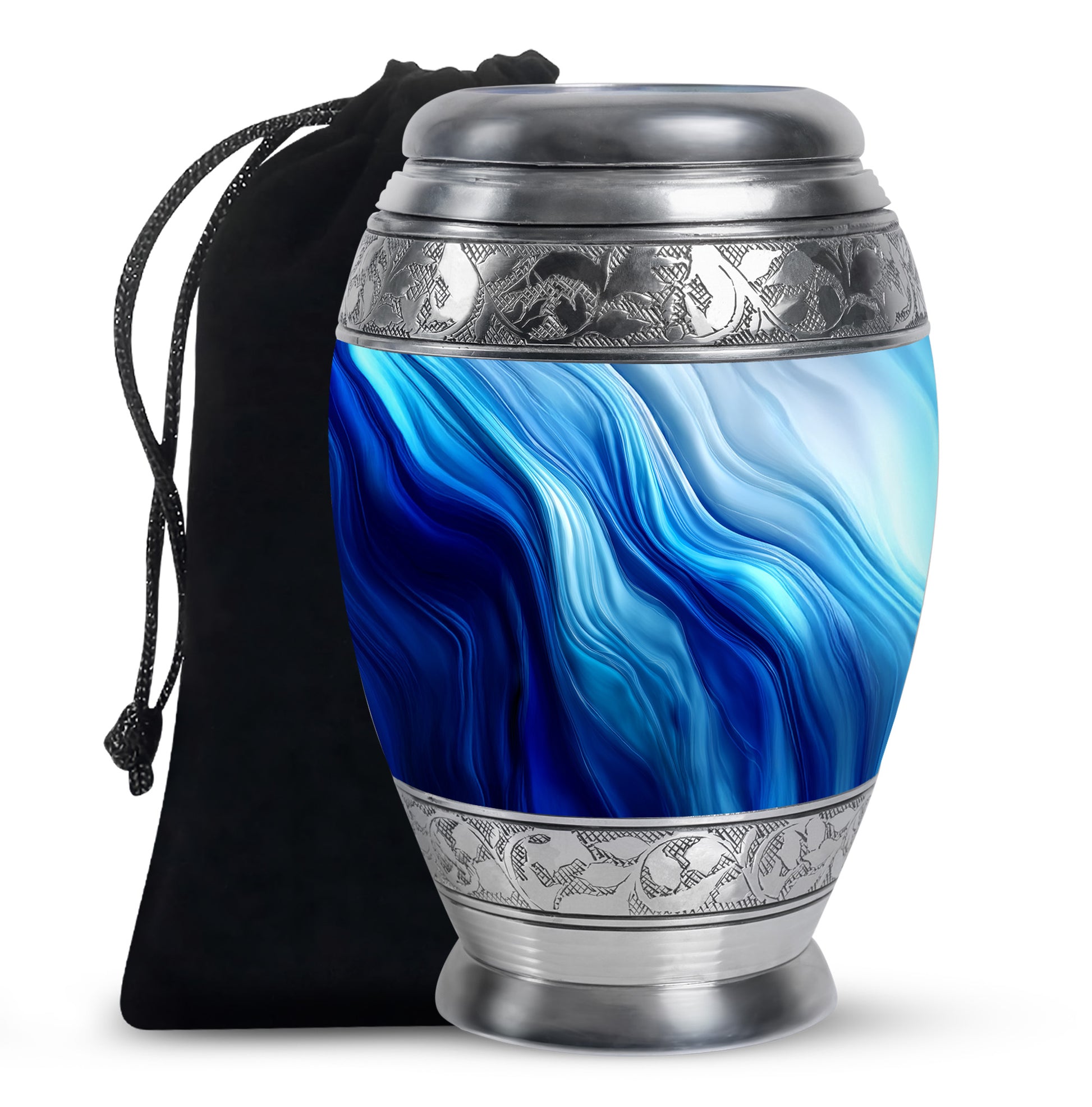 Steel Blue Blue Cremation Urn back view with polished surface - royal blue engraving with decorative scrollwork - full-size 10 inch 200 cubic inch adult cremation urn