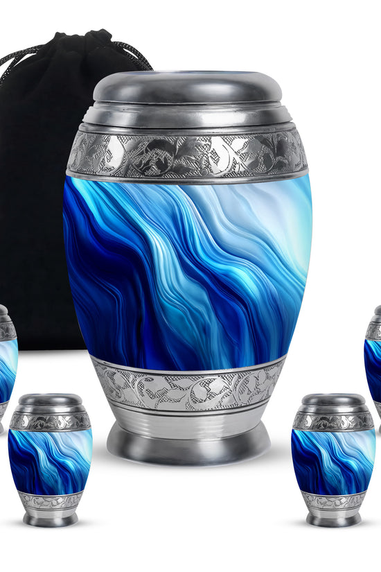 Bright Blue Blue Cremation Urn detail view - royal blue engraving with decorative scrollwork - memorial set with one large and four small urns