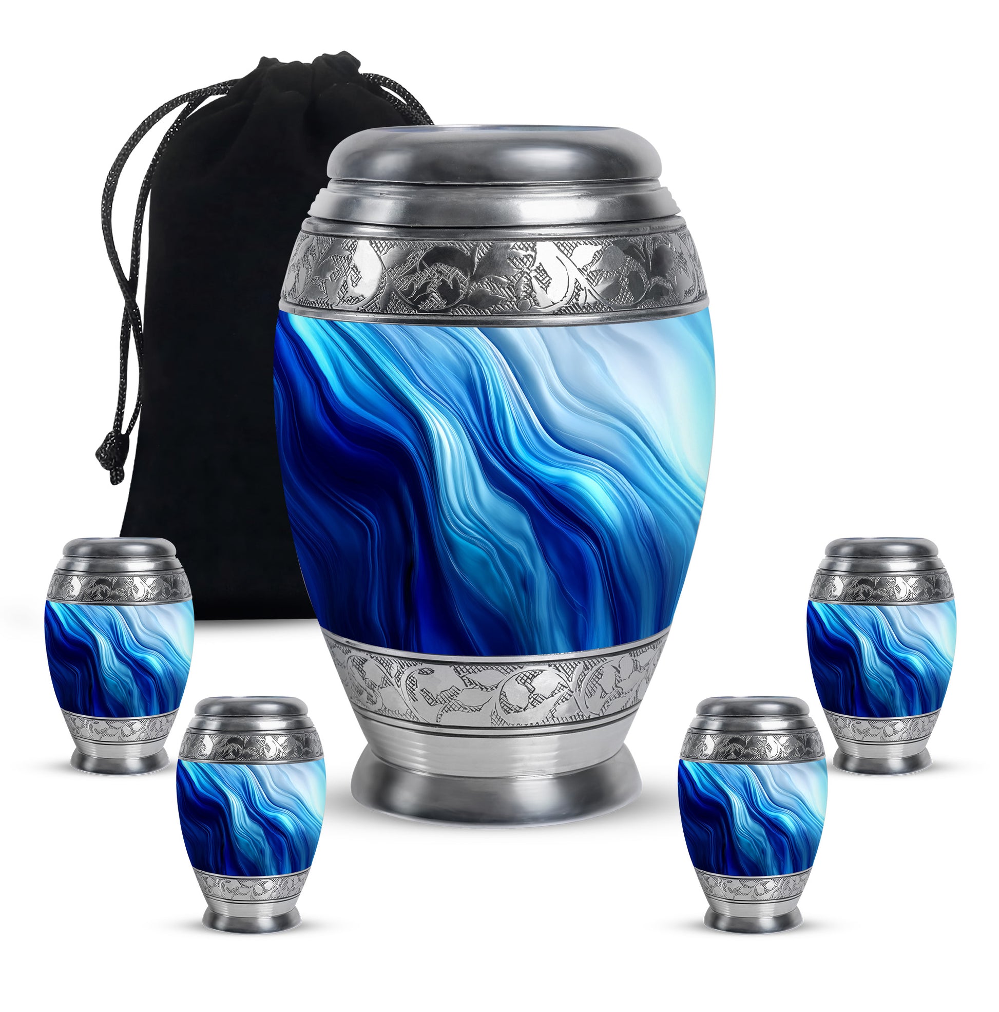 Bright Blue Blue Cremation Urn detail view - royal blue engraving with decorative scrollwork - memorial set with one large and four small urns