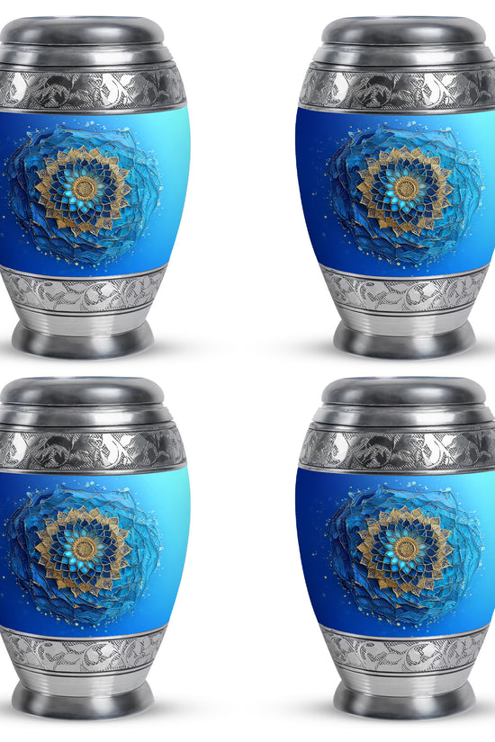 Cool Teal Blue Cremation Urn urn with complimentary velvet bag - ornate monarch-style blue relief on brushed aluminum - 10 inch aluminum urn for cremated remains