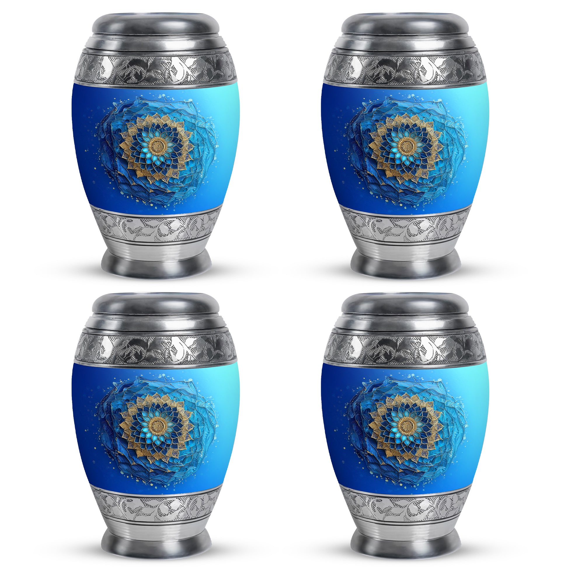 Cool Teal Blue Cremation Urn urn with complimentary velvet bag - ornate monarch-style blue relief on brushed aluminum - 10 inch aluminum urn for cremated remains