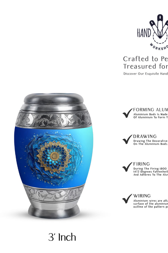 Mystic Teal Blue Cremation Urn lifestyle display on memorial shelf - royal blue engraving with decorative scrollwork - mini keepsake memorial for portion of cremation ashes