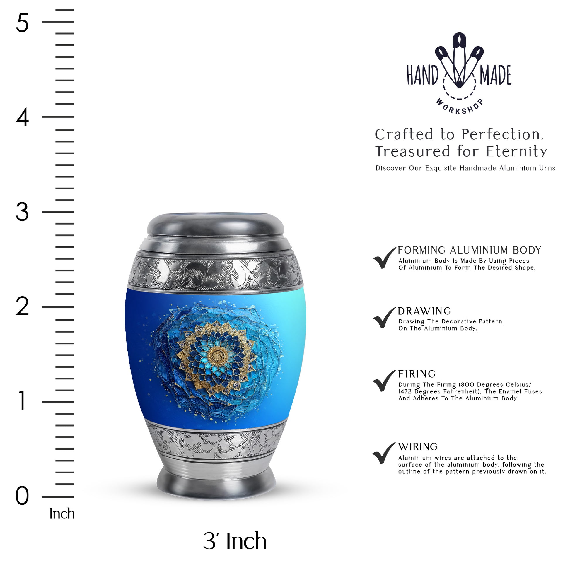 Mystic Teal Blue Cremation Urn lifestyle display on memorial shelf - royal blue engraving with decorative scrollwork - mini keepsake memorial for portion of cremation ashes