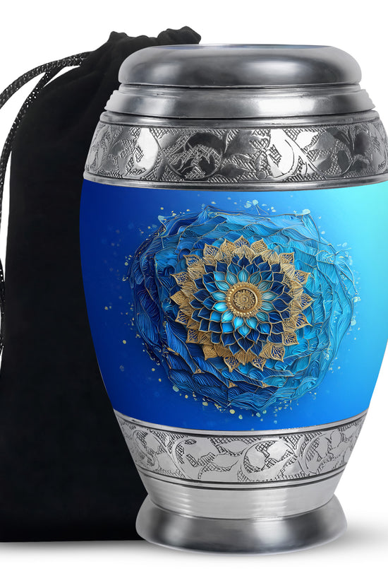 Tropical Teal Blue Cremation Urn back view with polished surface - majestic blue pattern with filigree border - full-size 10 inch 200 cubic inch adult cremation urn