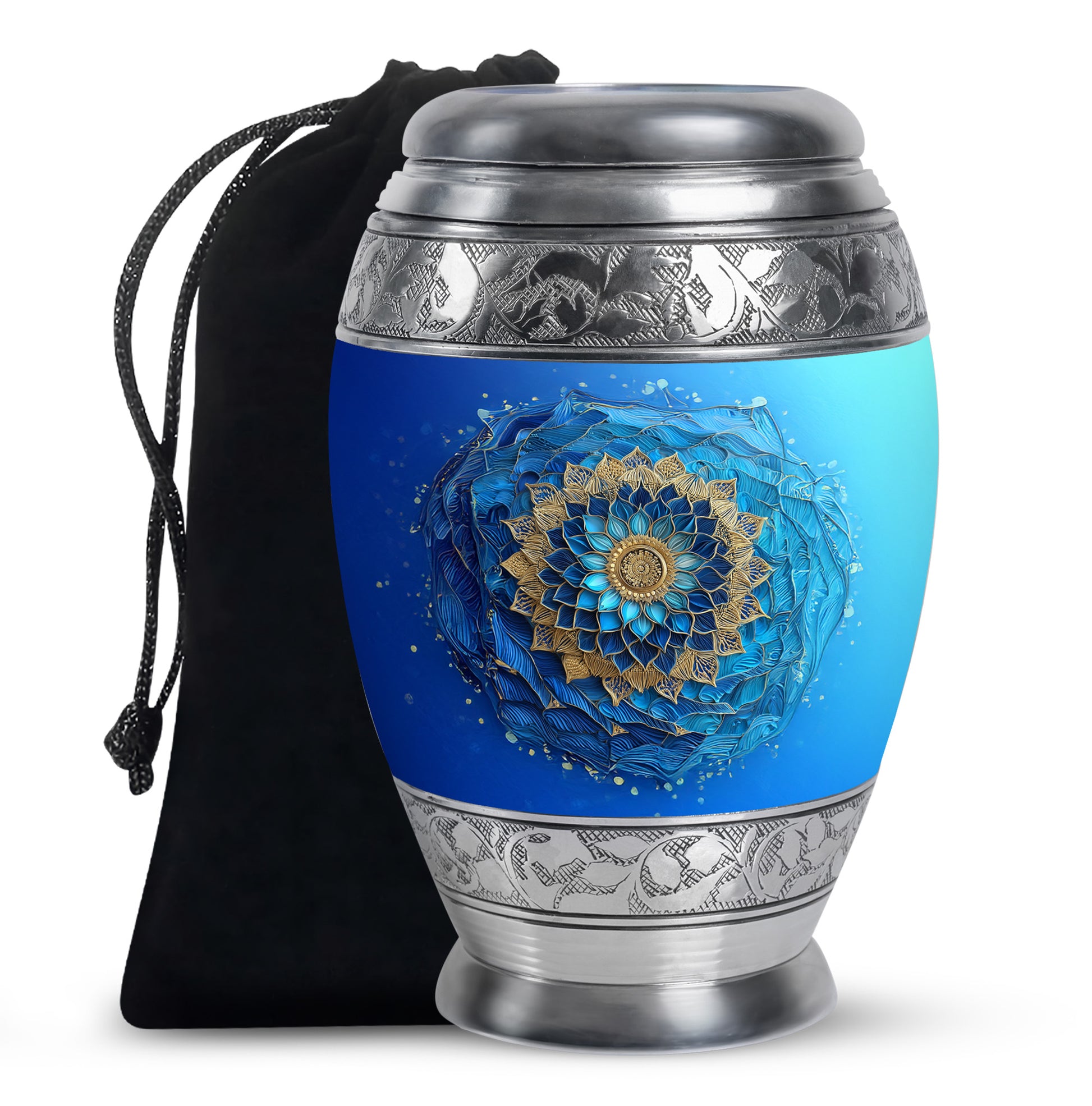 Tropical Teal Blue Cremation Urn back view with polished surface - majestic blue pattern with filigree border - full-size 10 inch 200 cubic inch adult cremation urn