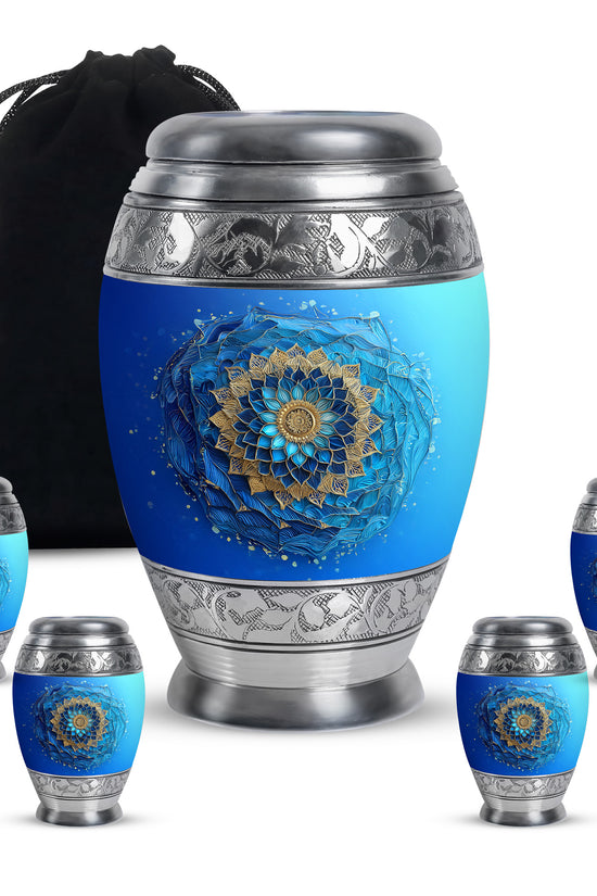 Deep Teal Blue Cremation Urn detail view - royal blue engraving with decorative scrollwork - memorial set with one large and four small urns