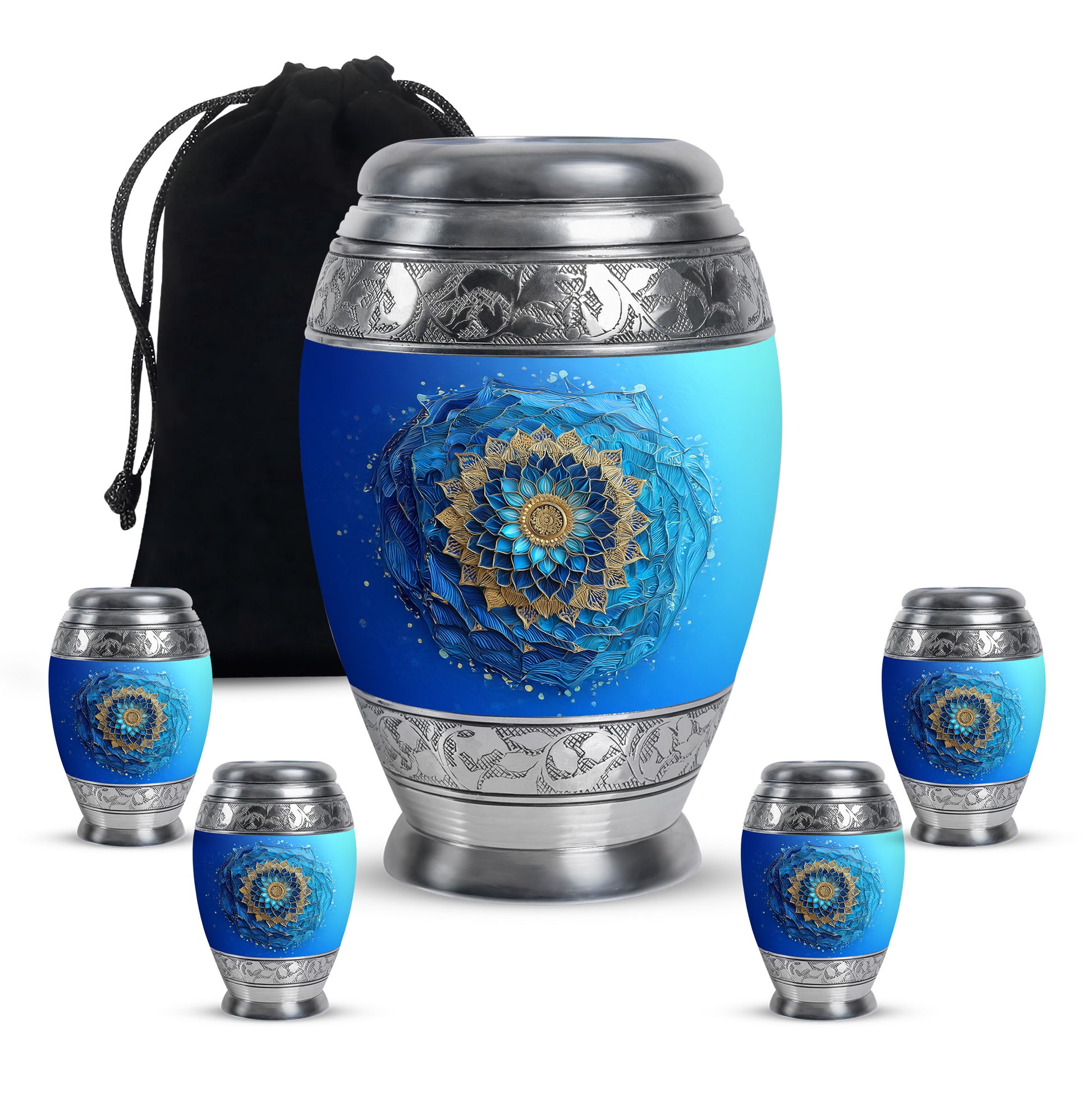 Deep Teal Blue Cremation Urn detail view - royal blue engraving with decorative scrollwork - memorial set with one large and four small urns