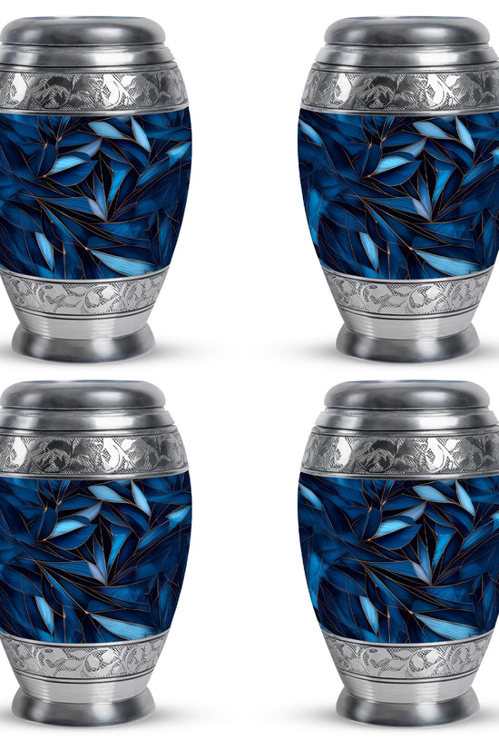 Steel Blue Blue Cremation Urn urn with complimentary velvet bag - majestic blue pattern with filigree border - 10 inch aluminum urn for cremated remains