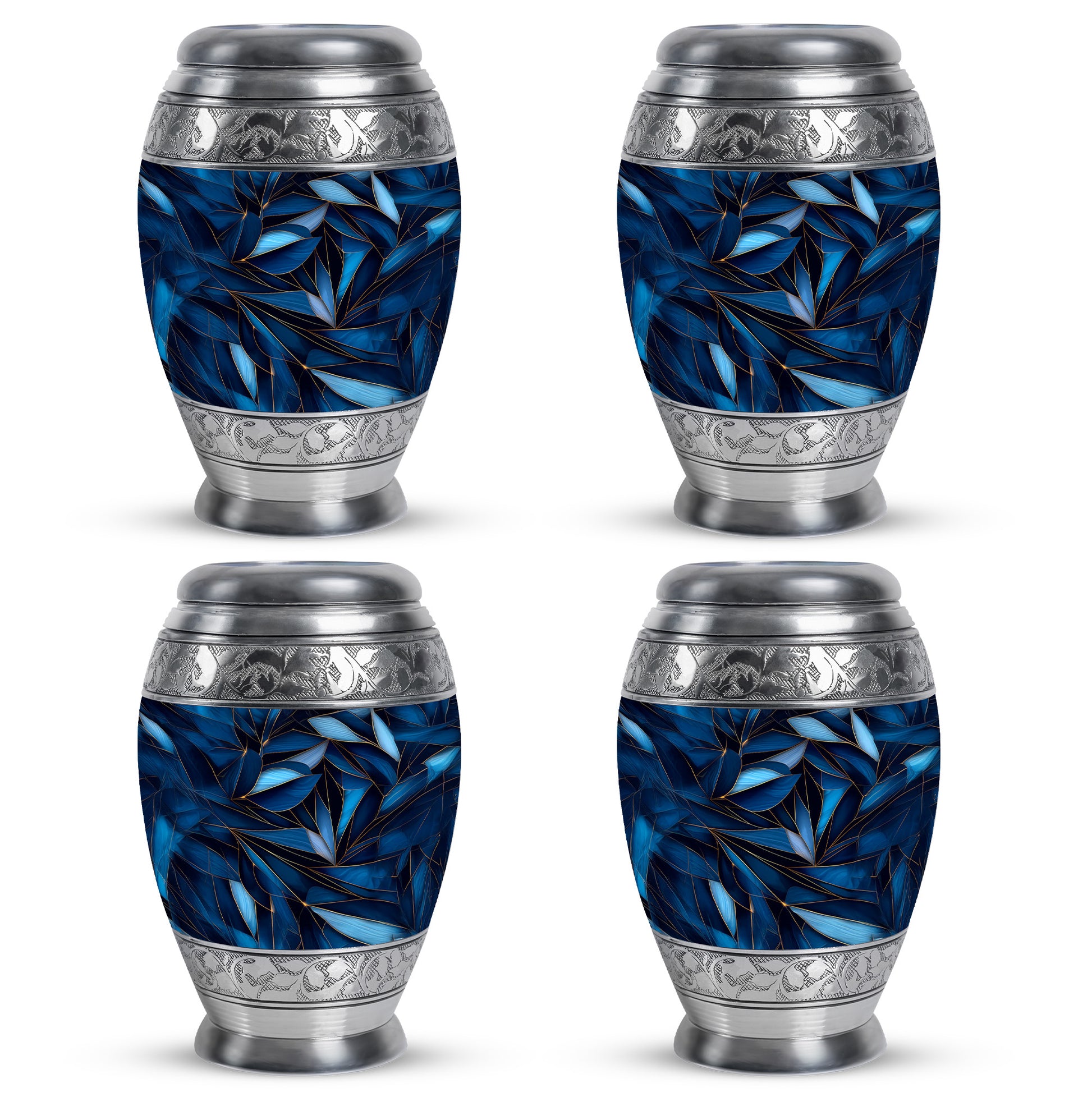 Steel Blue Blue Cremation Urn urn with complimentary velvet bag - majestic blue pattern with filigree border - 10 inch aluminum urn for cremated remains