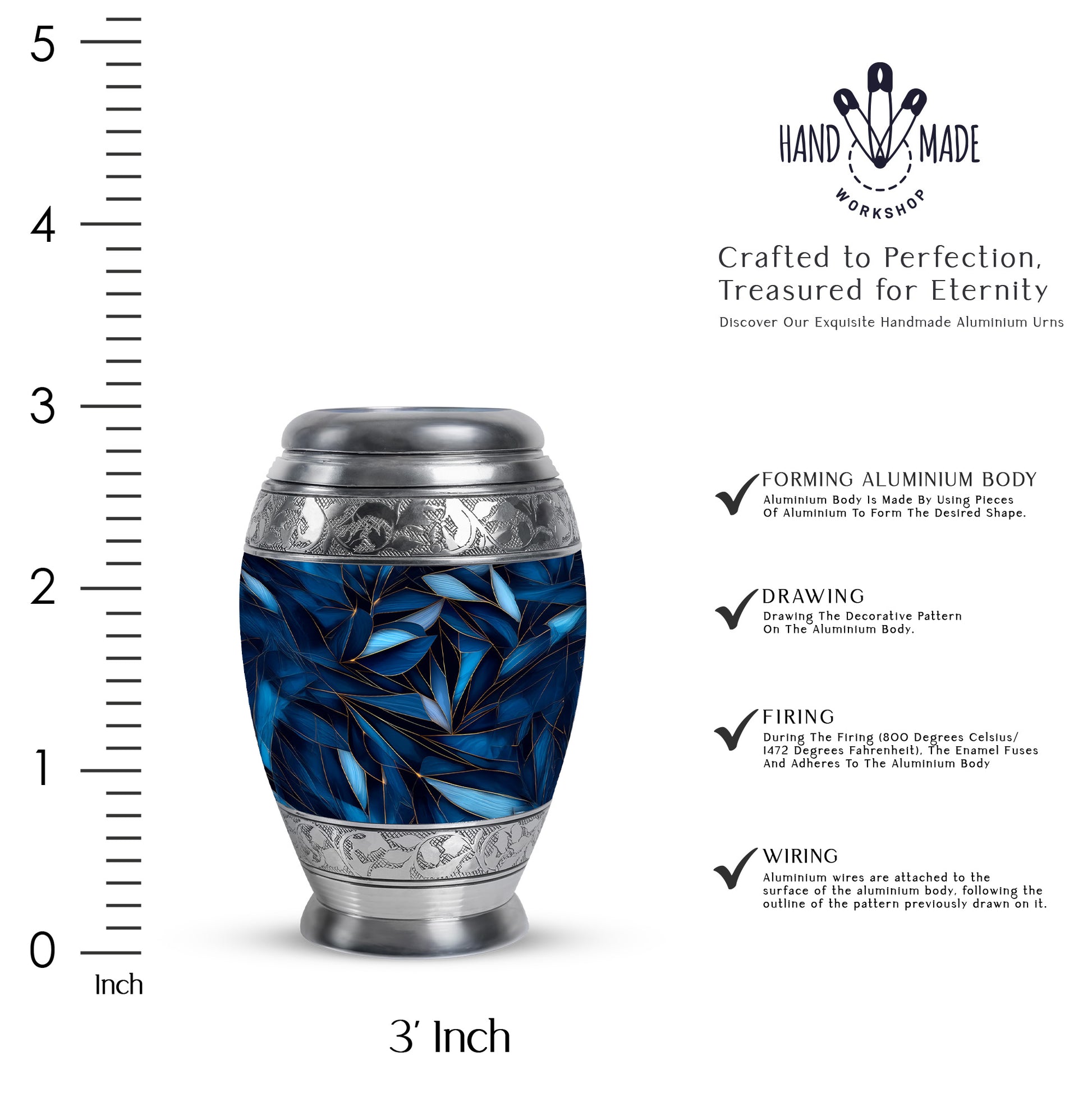 Powder Blue Blue Cremation Urn lifestyle display on memorial shelf - ornate monarch-style blue relief on brushed aluminum - mini keepsake memorial for portion of cremation ashes