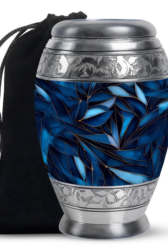 Vivid Blue Blue Cremation Urn back view with polished surface - majestic blue pattern with filigree border - full-size 10 inch 200 cubic inch adult cremation urn