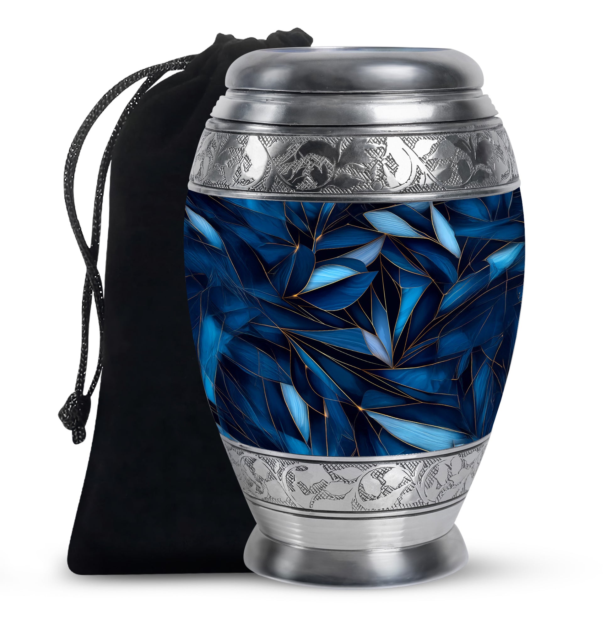 Vivid Blue Blue Cremation Urn back view with polished surface - majestic blue pattern with filigree border - full-size 10 inch 200 cubic inch adult cremation urn