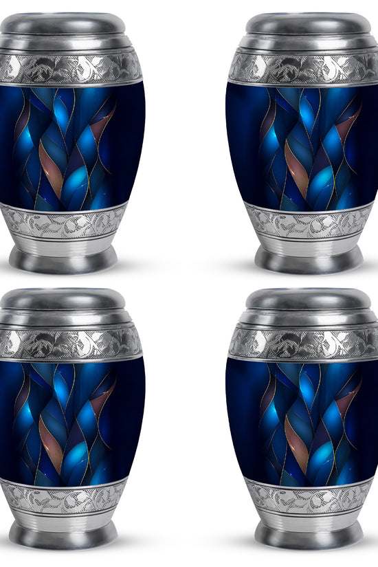 Serene Blue Blue Cremation Urn urn with complimentary velvet bag - majestic blue pattern with filigree border - 10 inch aluminum urn for cremated remains