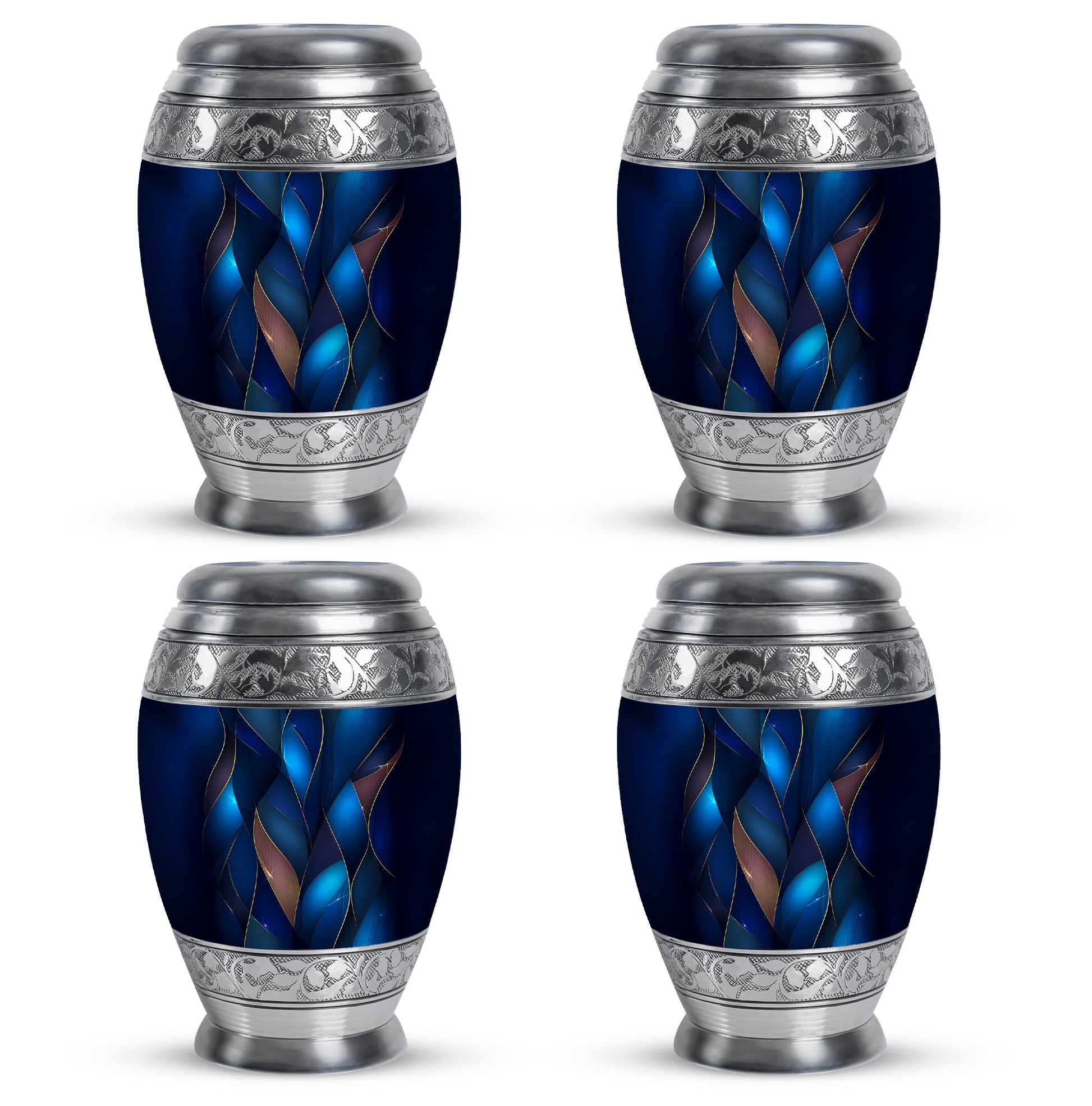 Serene Blue Blue Cremation Urn urn with complimentary velvet bag - majestic blue pattern with filigree border - 10 inch aluminum urn for cremated remains