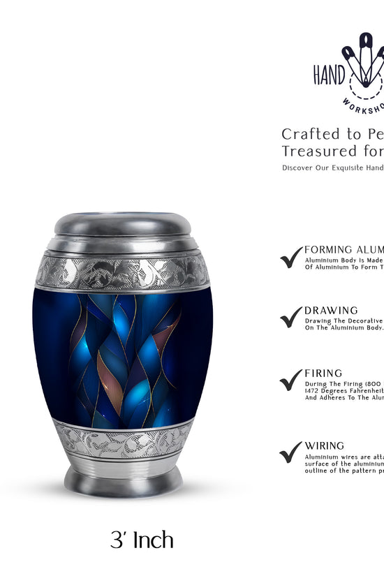 Pastel Blue Blue Cremation Urn lifestyle display on memorial shelf - regal blue design with crown-inspired accents - mini keepsake memorial for portion of cremation ashes