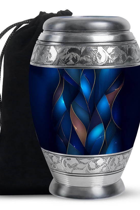 Vivid Blue Blue Cremation Urn back view with polished surface - majestic blue pattern with filigree border - full-size 10 inch 200 cubic inch adult cremation urn