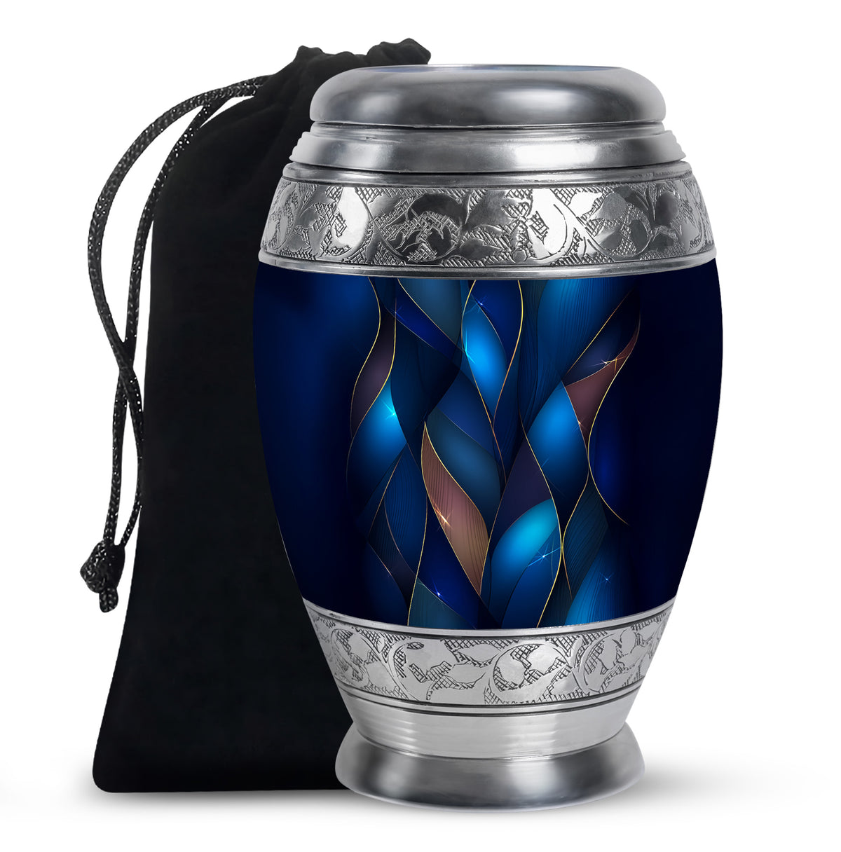 Vivid Blue Blue Cremation Urn back view with polished surface - majestic blue pattern with filigree border - full-size 10 inch 200 cubic inch adult cremation urn