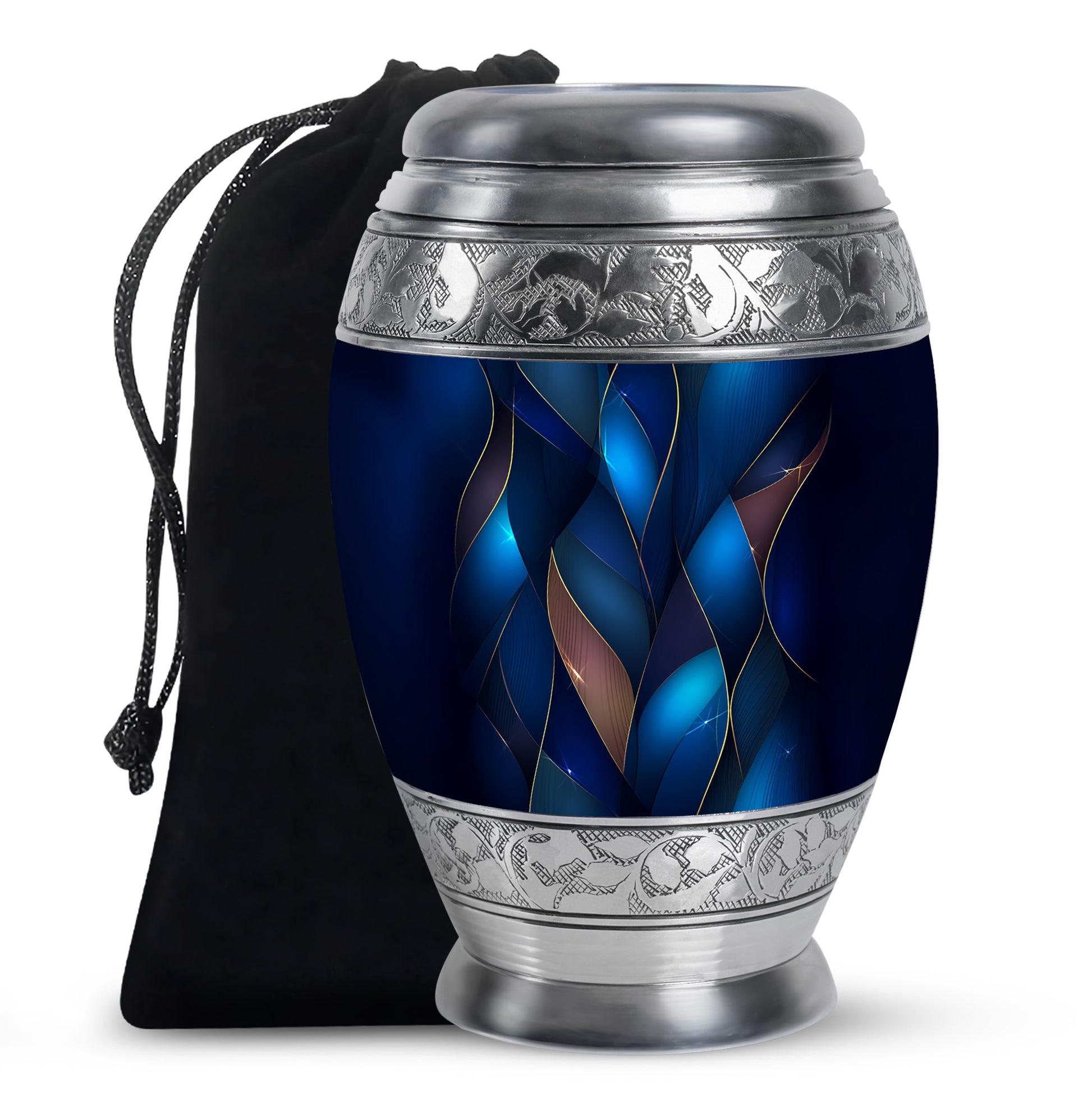 Vivid Blue Blue Cremation Urn back view with polished surface - majestic blue pattern with filigree border - full-size 10 inch 200 cubic inch adult cremation urn