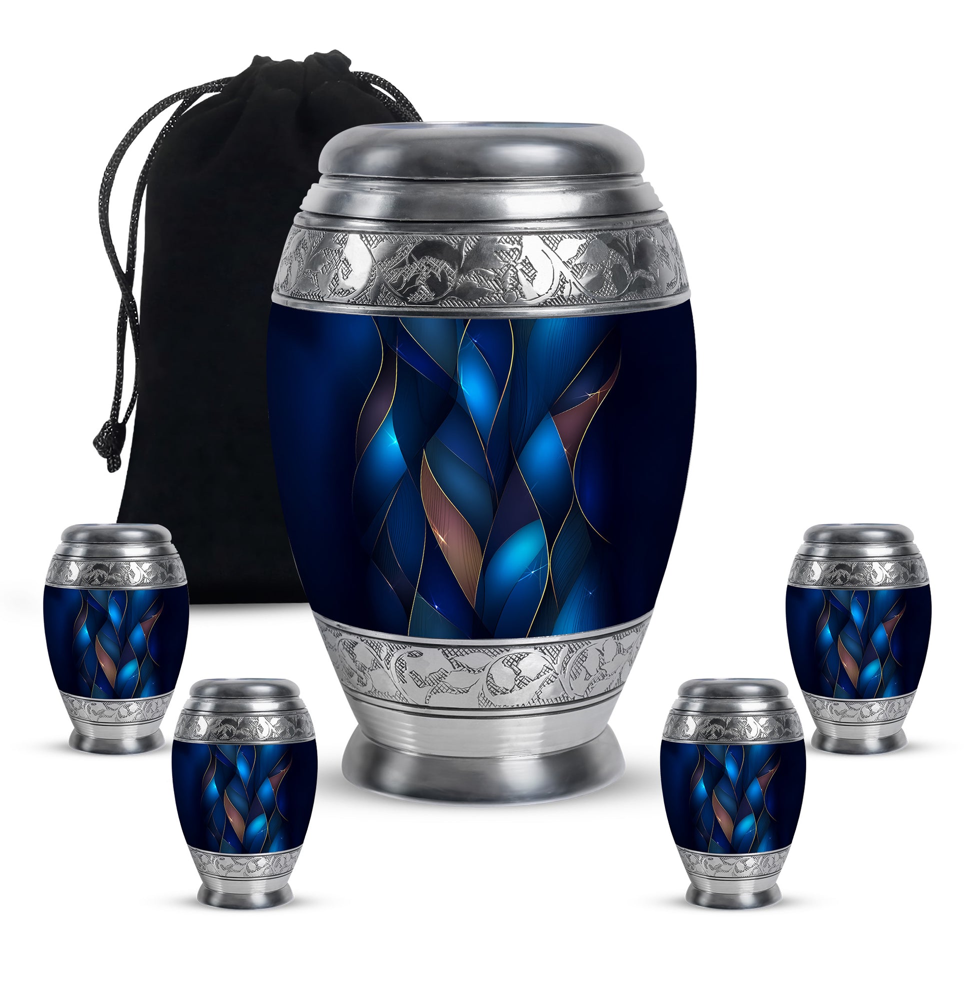 Slate Blue Blue Cremation Urn detail view - ornate monarch-style blue relief on brushed aluminum - memorial set with one large and four small urns