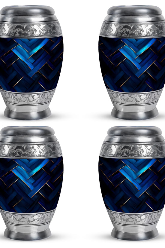 Powder Blue Blue Cremation Urn urn with complimentary velvet bag - ornate monarch-style blue relief on brushed aluminum - 10 inch aluminum urn for cremated remains