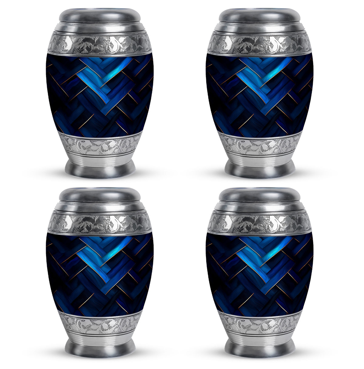 Powder Blue Blue Cremation Urn urn with complimentary velvet bag - ornate monarch-style blue relief on brushed aluminum - 10 inch aluminum urn for cremated remains