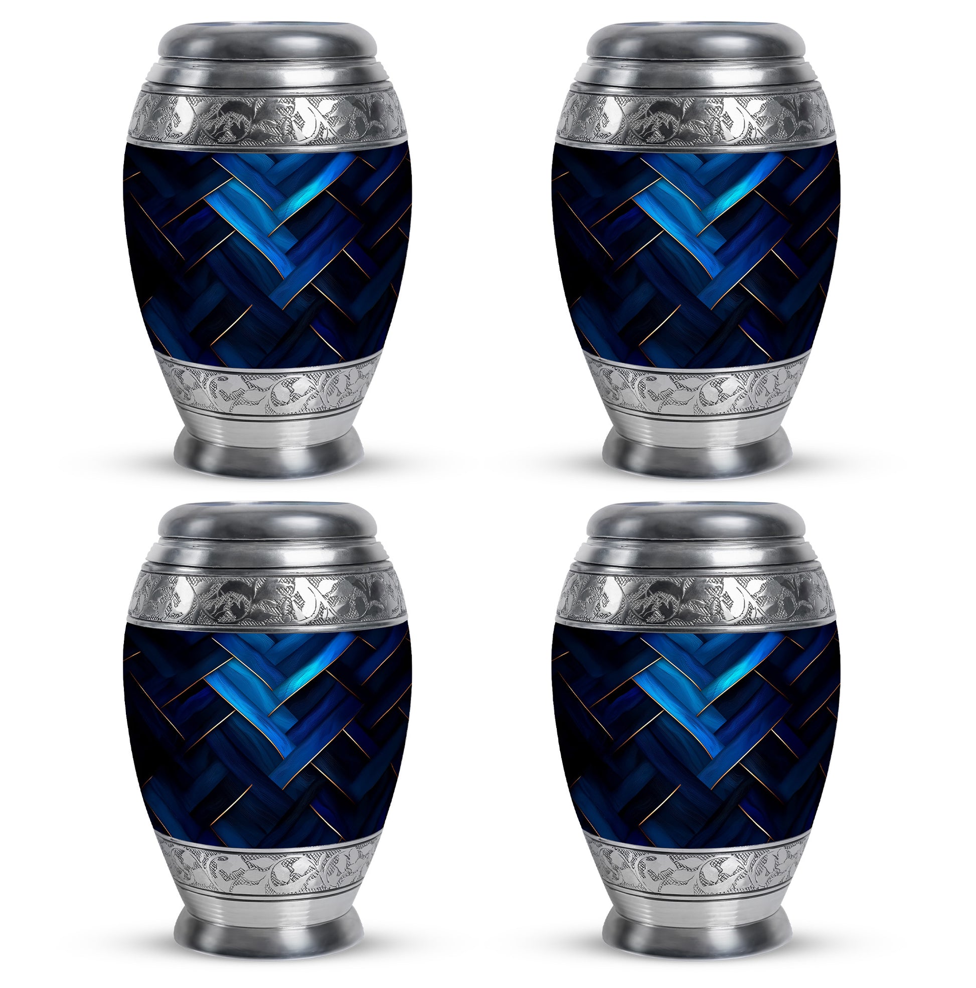 Powder Blue Blue Cremation Urn urn with complimentary velvet bag - ornate monarch-style blue relief on brushed aluminum - 10 inch aluminum urn for cremated remains