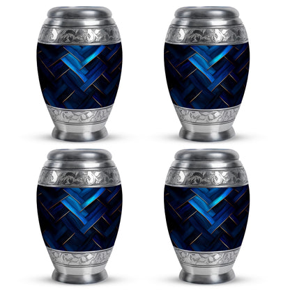 Powder Blue Blue Cremation Urn urn with complimentary velvet bag - ornate monarch-style blue relief on brushed aluminum - 10 inch aluminum urn for cremated remains